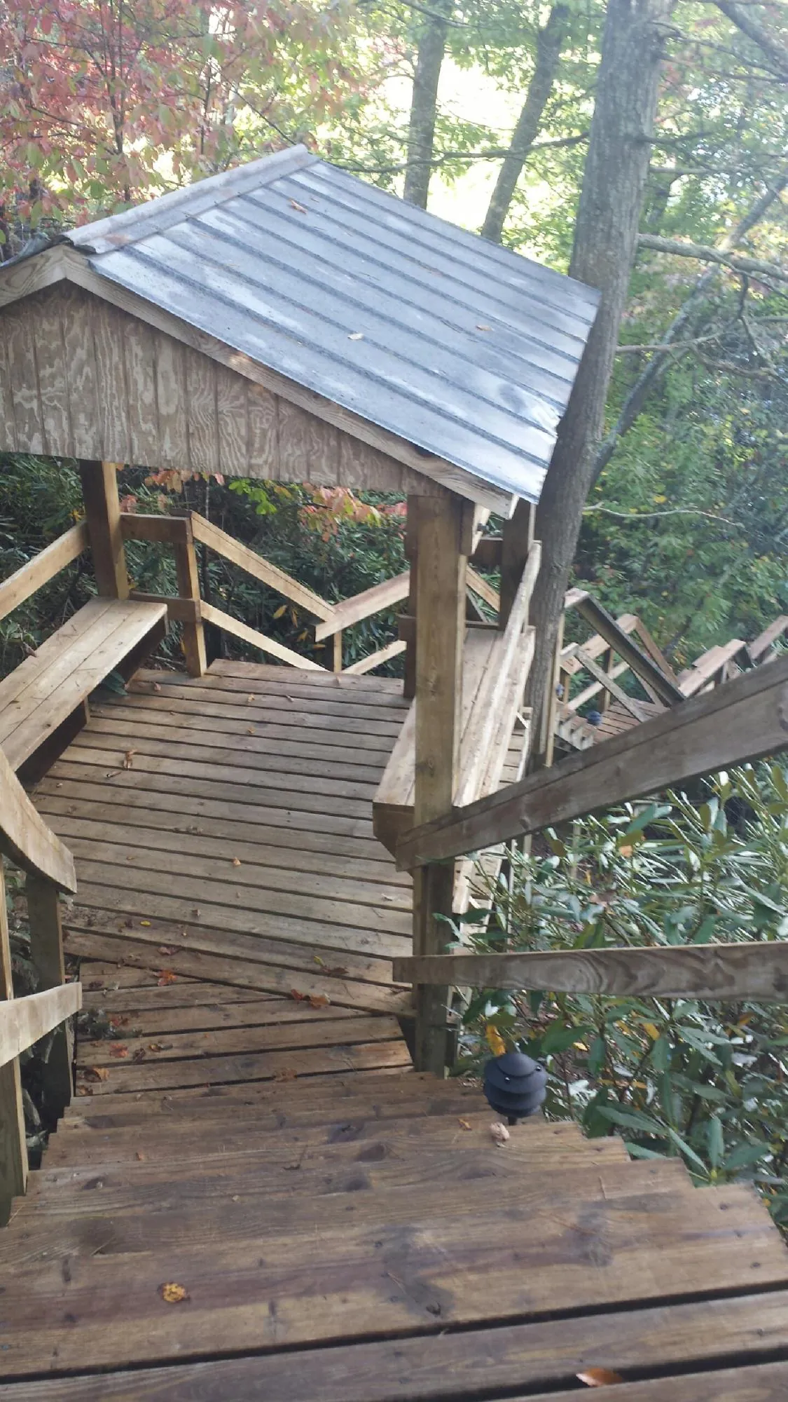 Metal roofed shelter over wooden steps on a wooded walkway — Skylight Repair & Installation work by our crew in Riverbank